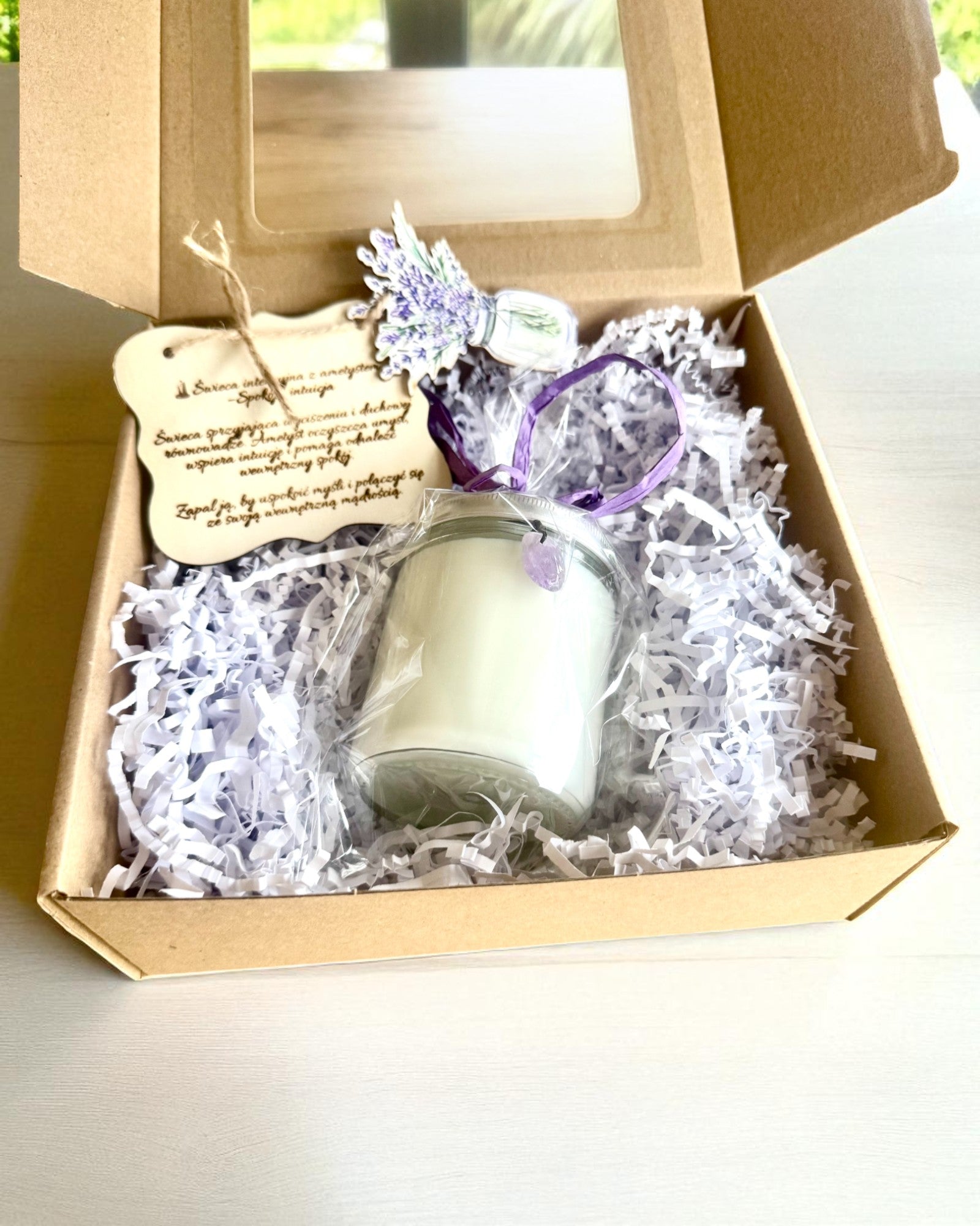 Świeca sojowa intencyjna Ametyst – spokój, harmonia i oczyszczenie, 250 ml, możliwość personalizacji na prezent