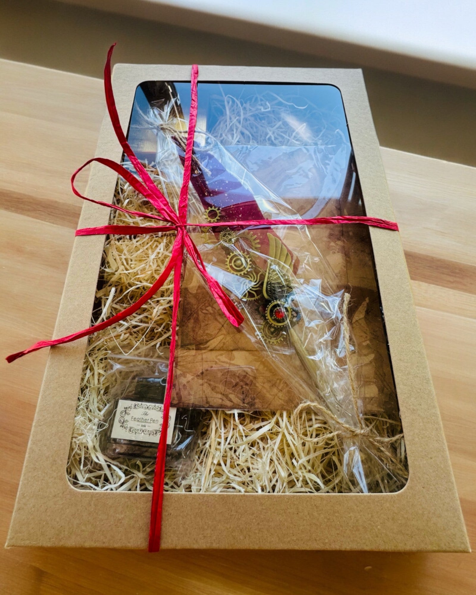 Σετ Δώρου - Κόκκινο-Μωβ Φτερό Χήνας "Steampunk Κομψότητα" με Δυνατότητα Χαρακτικής, για δώρο