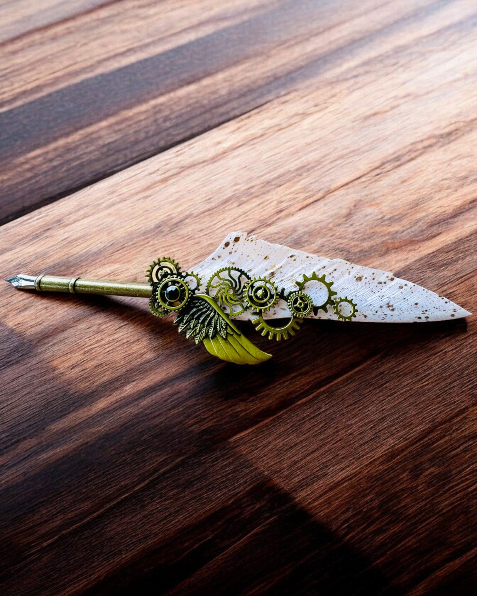 Καλλιγραφική Πένα "Steampunkowa Elegancja" με Φτερό Γαλοπούλας - Χειροποίητο, 5 επιλογές για να διαλέξετε, εξατομίκευση με χάραξη για δώρο