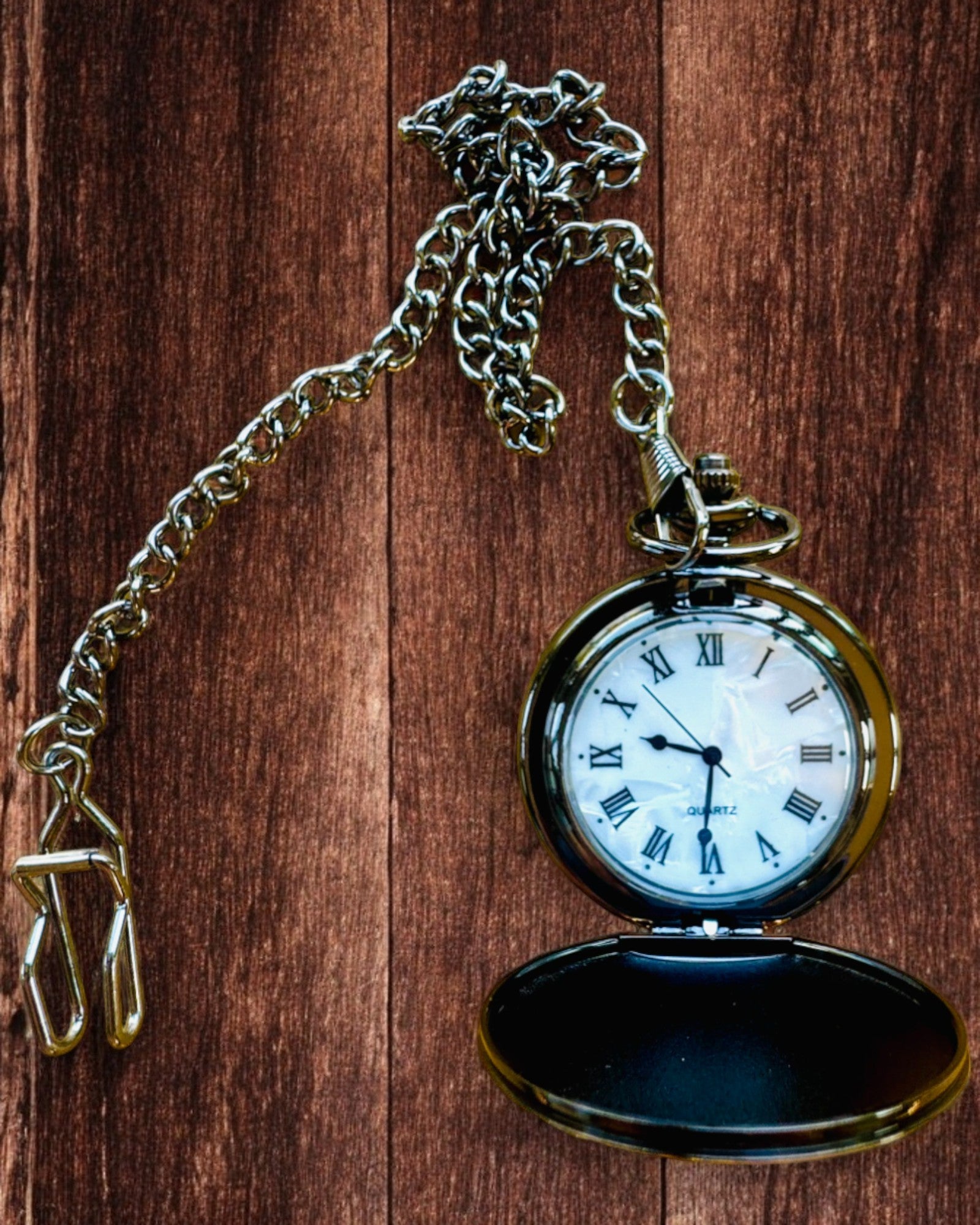 Κλασικό Ρολόι Τσέπης με Ρωμαϊκούς Αριθμούς και Αλυσίδα, Χαλαζιακό, Μαύρη Λάμψη - χρώμα μαύρο