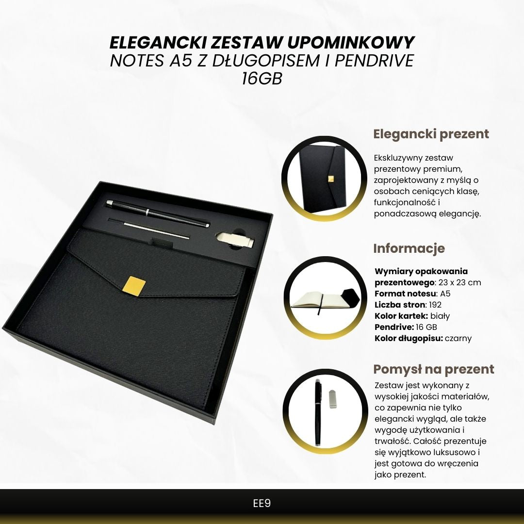 Elegancki Zestaw Prezentowy Premium – Notes A5 z Długopisem i Pendrive 16GB w Pudełku – Czarno-złoty – EE9