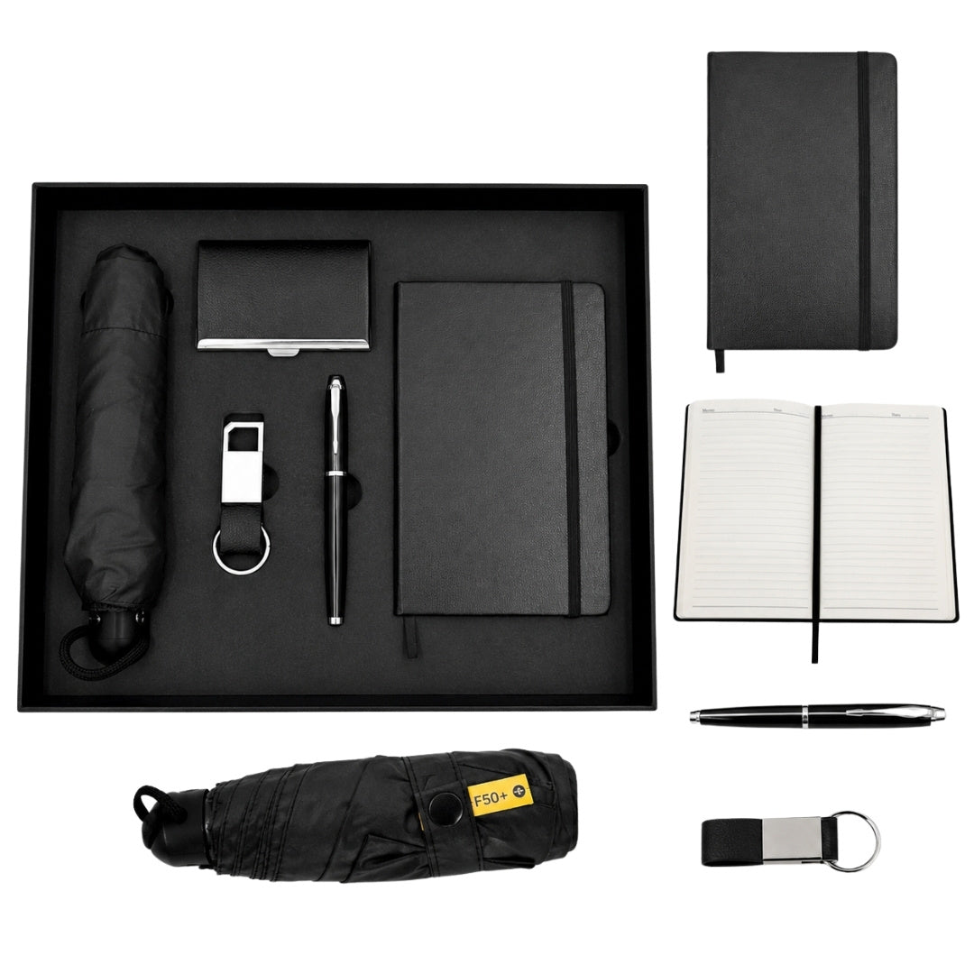 Elegancki Biznesowy Zestaw Prezentowy Premium - Skórzany Notatnik Parasol Wizytownik Długopis Brelok - EE15
