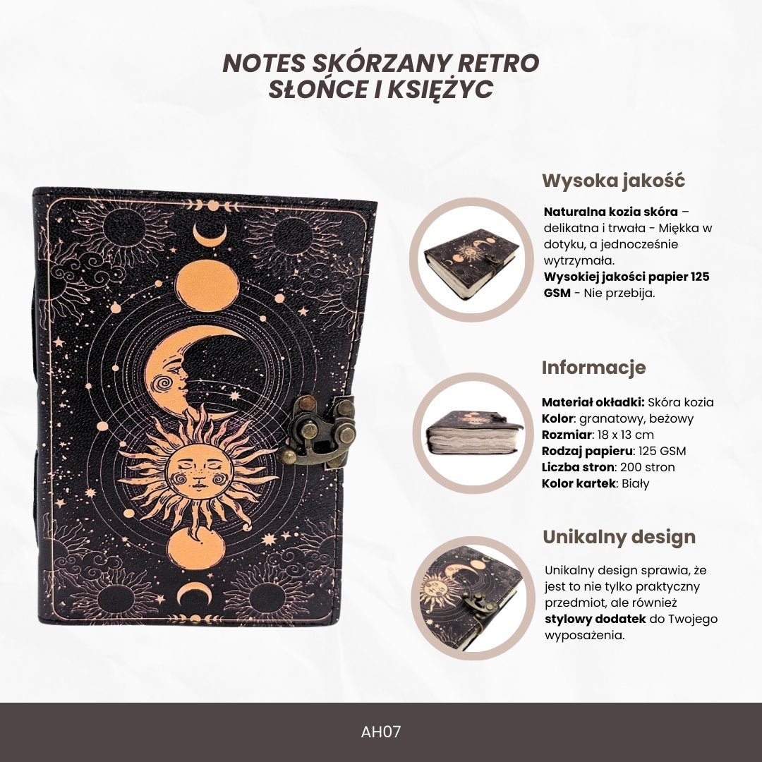 Notes Skórzany Słońce i Księżyc Ozdobny 200 stron - AH07