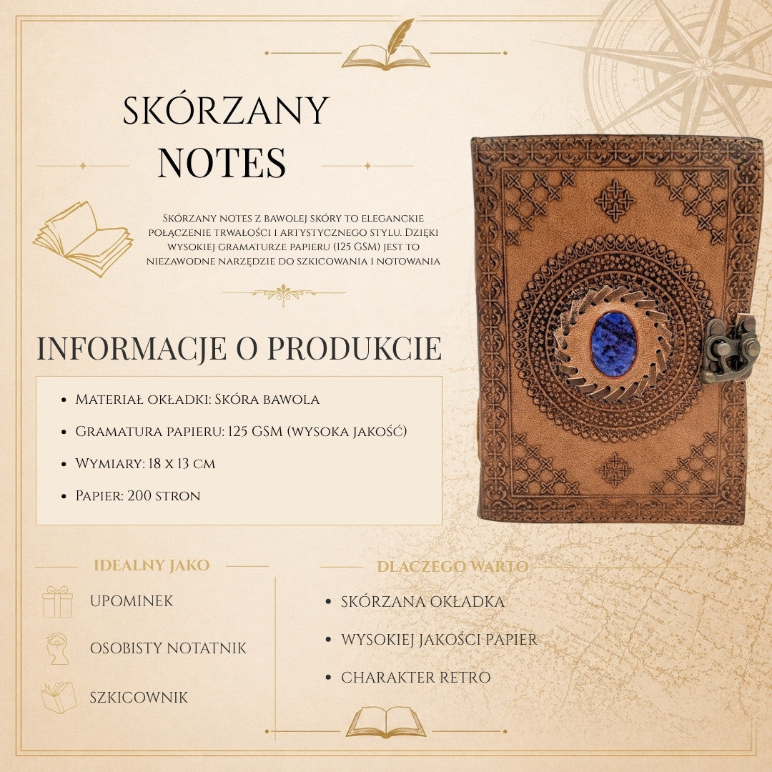 Notes Skórzany Retro z Kamieniem - Skóra Bawola - AH16
