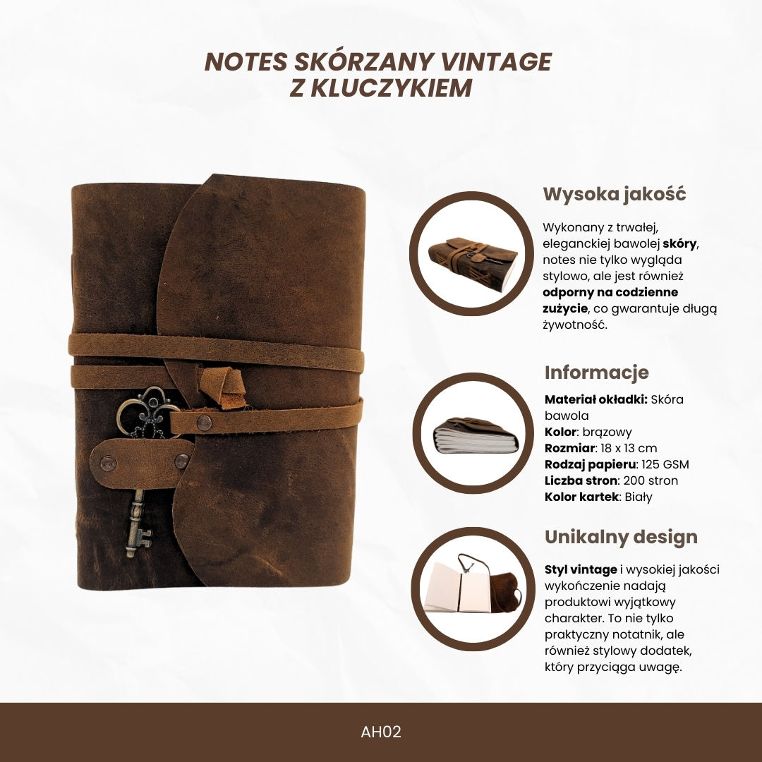 Notes Skórzany Retro z Kluczykiem i Paskiem 200 stron 18 x 13 cm - AH02