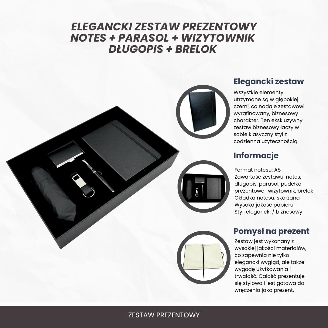 Elegancki Biznesowy Zestaw Prezentowy Premium - Skórzany Notatnik Parasol Wizytownik Długopis Brelok - EE15