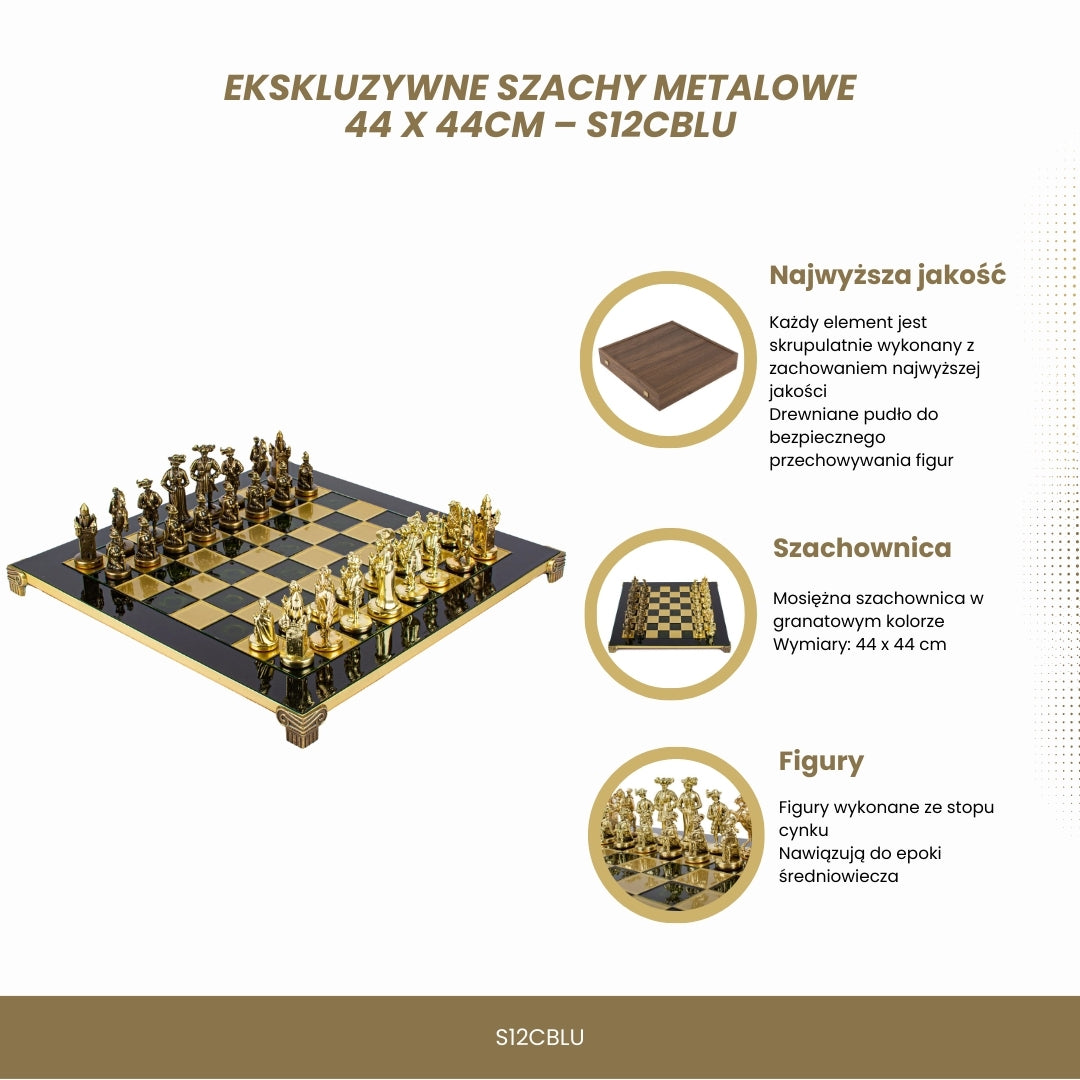 Ekskluzywne Szachy Metalowe – Mosiężna Szachownica 44 x 44cm – Średniowiecze – S12CBLU