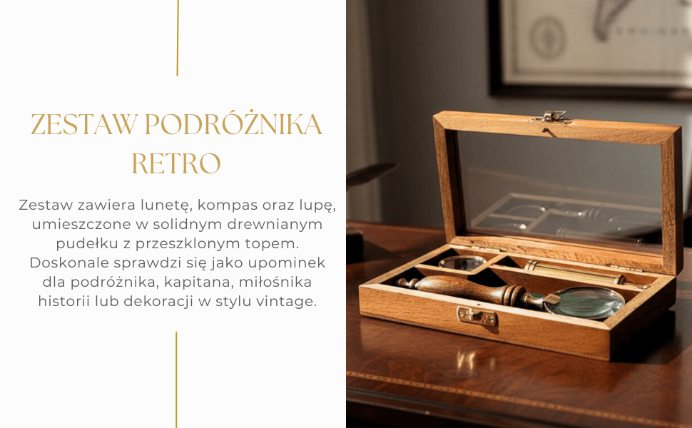 Zestaw Podróżnika – Luneta + Kompas + Lupa w Drewnianym Pudełku – NC2677AZ