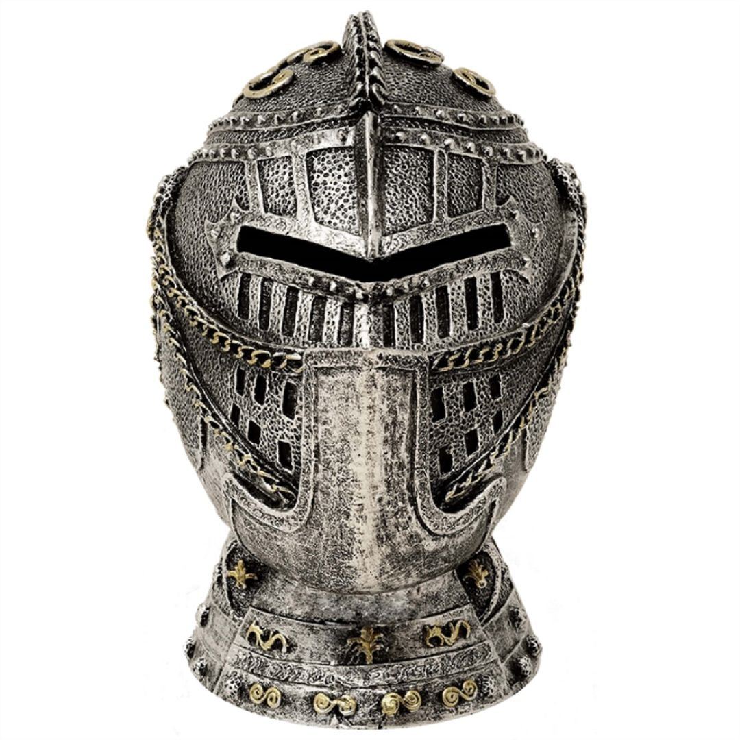 Skarbonka Dekoracyjna Hełm Rycerski z Grawerem - Postarzane Srebro, 13 cm