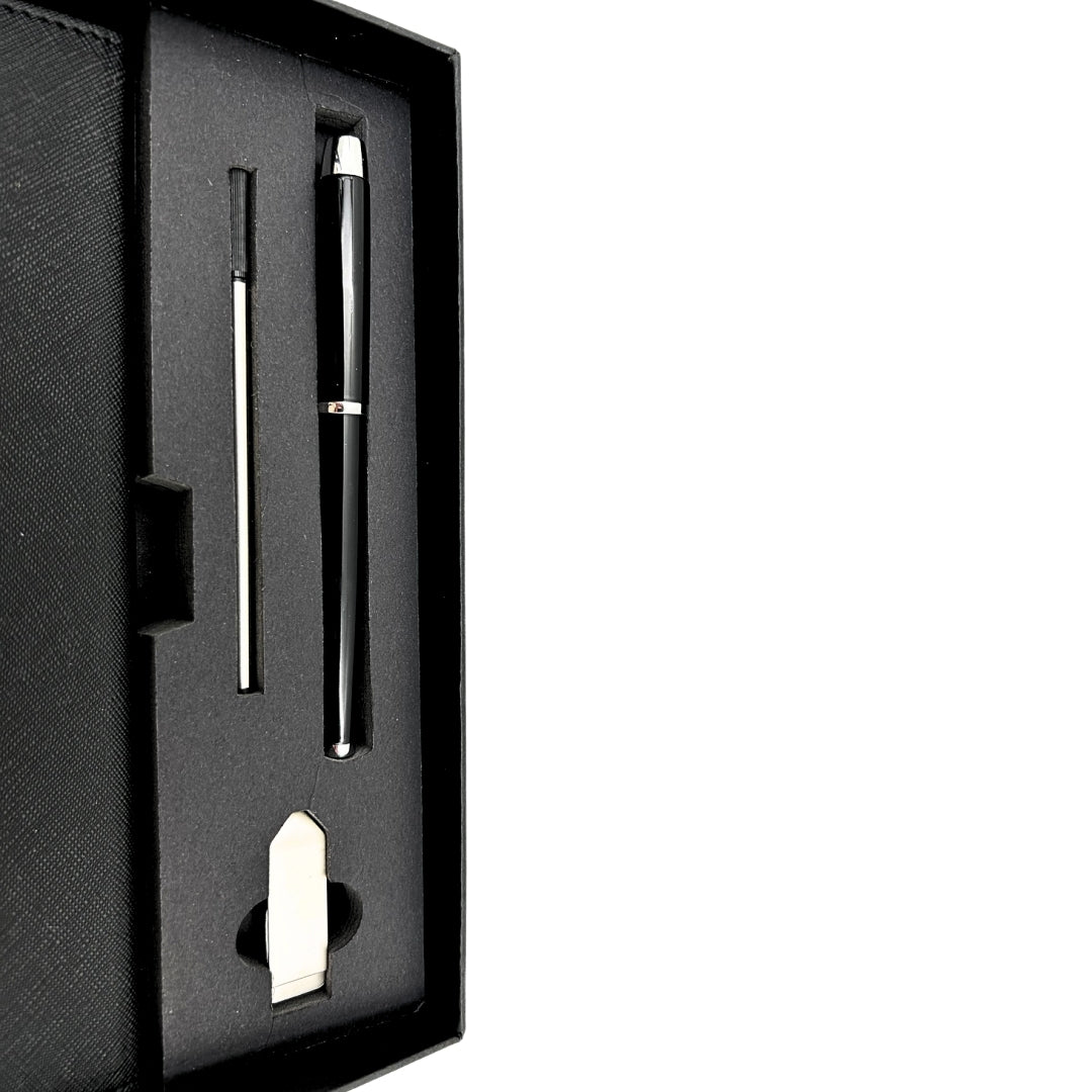 Elegancki Zestaw Prezentowy Premium – Notes A5 z Długopisem i Pendrive 16GB w Pudełku – Czarno-złoty – EE9