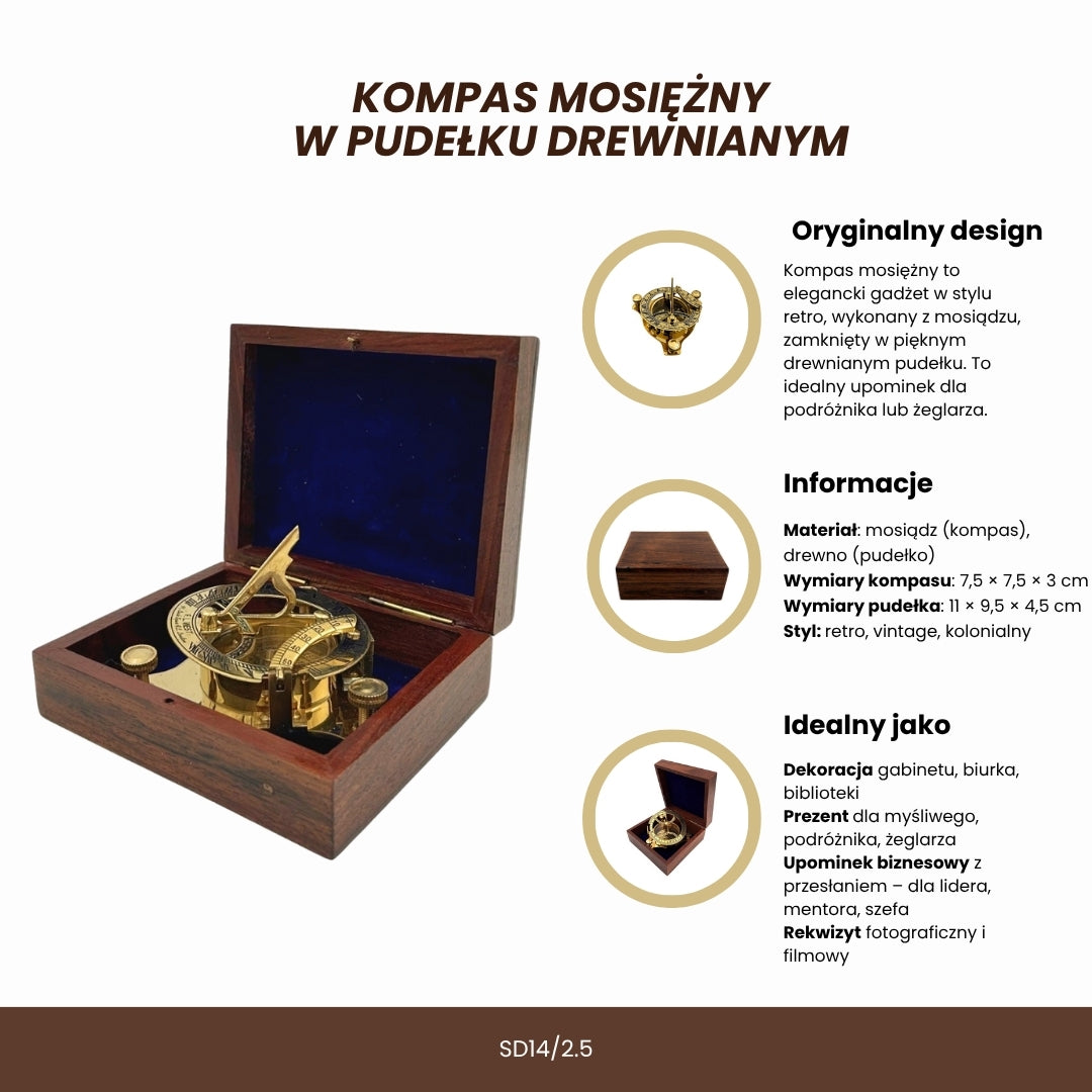 Ορείχαλκος Πυξίδα Dollond σε Ξύλινο Κουτί με Λειτουργία Ηλιακού Ρολογιού - Ιδανικό για Δώρο με Δυνατότητα Χάραξης - Αντικέ Στυλ, Διαστάσεις 7,5 x 7,5 x 3 cm