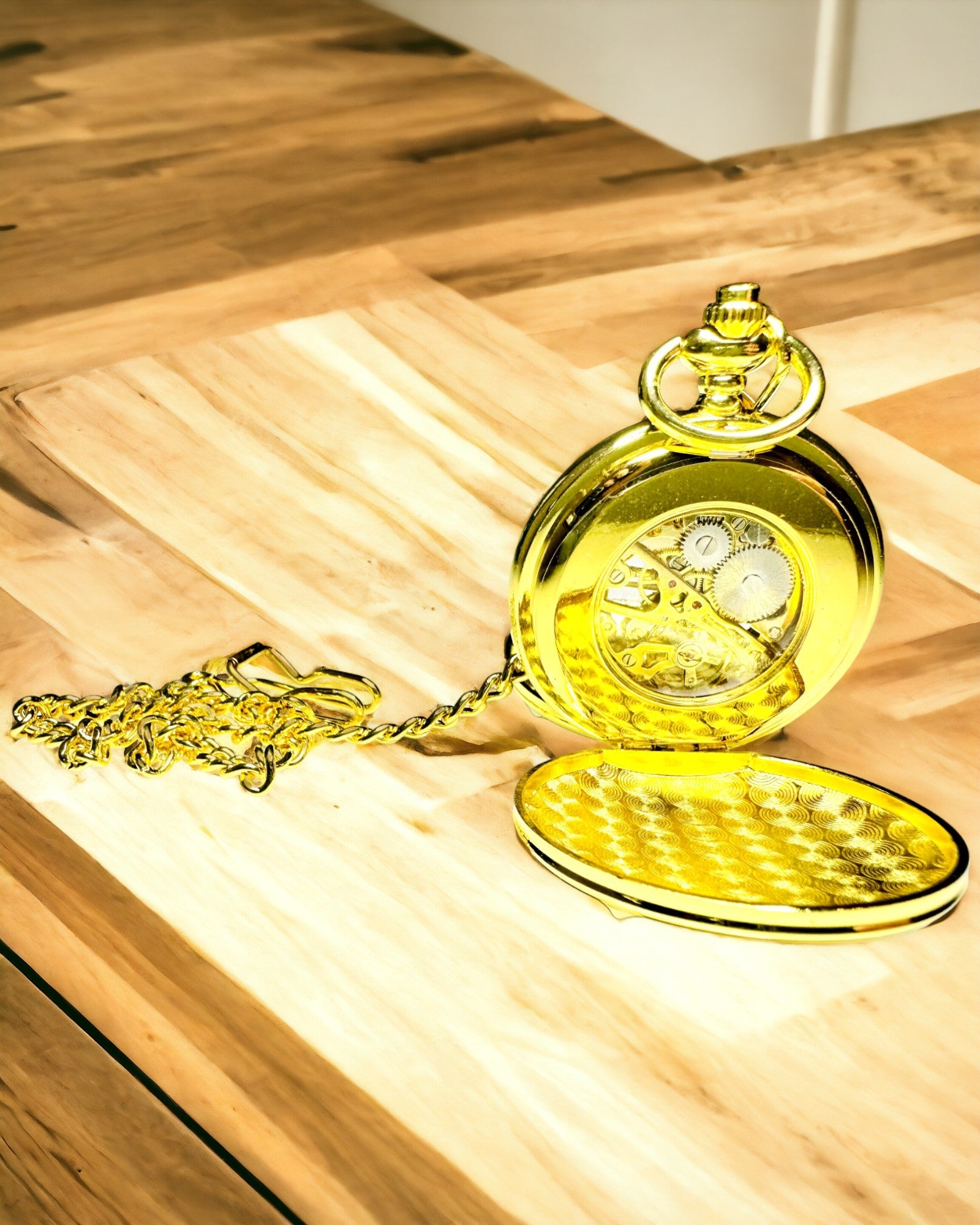 Κλασικό Μηχανικό Ρολόι Τσέπης με Διπλό Κάλυμμα, Χειροκίνητο, Χρυσό Χρώμα, με Χάραξη