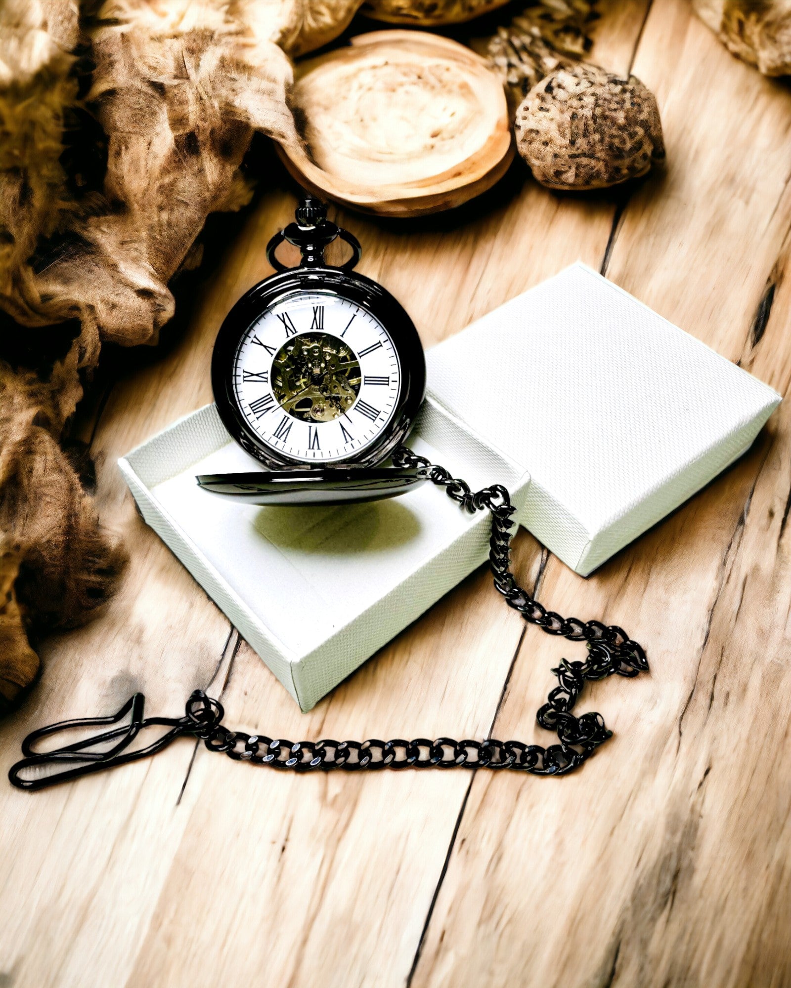 Κλασικό Μηχανικό Ρολόι Τσέπης με Διπλό Κάλυμμα – Χειροκίνητο, Μαύρο, εξατομίκευση με χάραξη