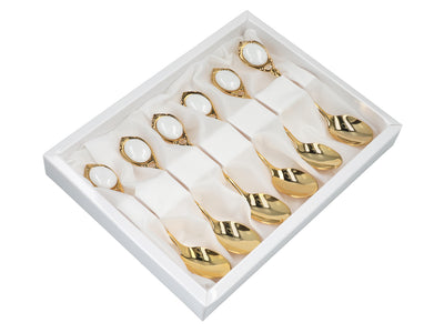 Zestaw 6 łyżeczek powlekanych 24K złotem Białe oczka CARMANI z możliwością personalizacji grawerem - elegancki prezent na każdą okazję, wymiary 13 cm
