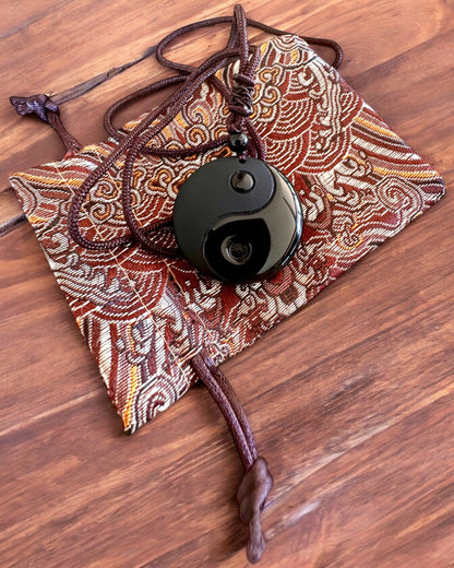 Κολιέ Boho με Οψιδιανό Yin Yang Tai Chi, δυνατότητα εξατομίκευσης με χάραξη για δώρο