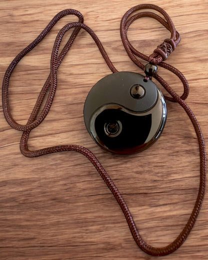 Κολιέ Boho με Οψιδιανό Yin Yang Tai Chi, δυνατότητα εξατομίκευσης με χάραξη για δώρο