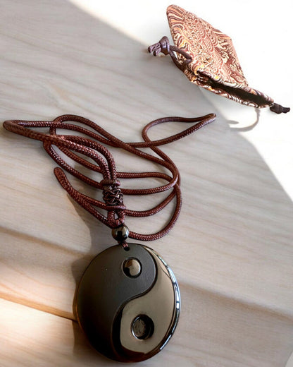 Κολιέ Boho με Οψιδιανό Yin Yang Tai Chi, δυνατότητα εξατομίκευσης με χάραξη για δώρο
