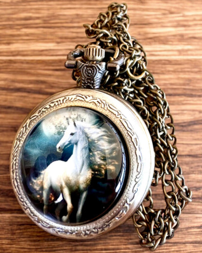 Ρολόι τσέπης Unicorn Elegance με αλυσίδα, μοτίβο μονόκερου, δωρεάν χάραξη κατά παραγγελία