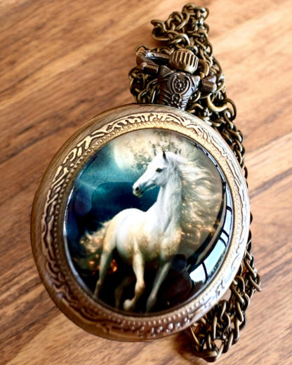 Ρολόι τσέπης Unicorn Elegance με αλυσίδα, μοτίβο μονόκερου, δωρεάν χάραξη κατά παραγγελία