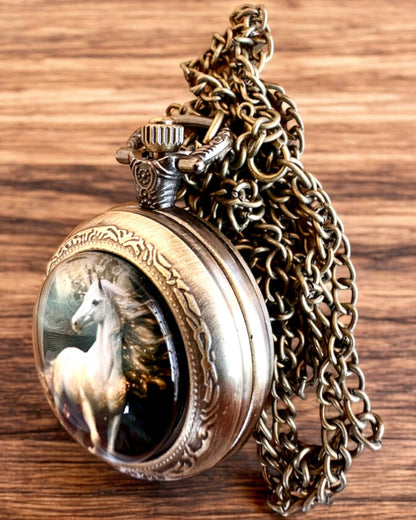 Ρολόι τσέπης Unicorn Elegance με αλυσίδα, μοτίβο μονόκερου, δωρεάν χάραξη κατά παραγγελία