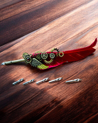 Καλλιγραφική Πένα "Steampunkowa Elegancja" με Φτερό Γαλοπούλας - Χειροποίητο, 5 επιλογές για να διαλέξετε, εξατομίκευση με χάραξη για δώρο