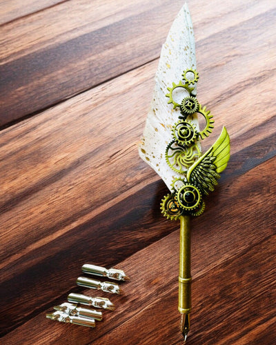 Καλλιγραφική Πένα "Steampunkowa Elegancja" με Φτερό Γαλοπούλας - Χειροποίητο, 5 επιλογές για να διαλέξετε, εξατομίκευση με χάραξη για δώρο