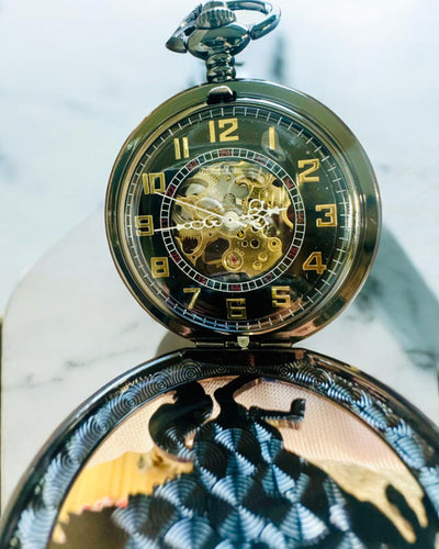 Ρολόι Τσέπης "Equus Tempus" - Μαύρο με Μοτίβο Αλόγου, δυνατότητα εξατομίκευσης με χάραξη - μαύρο καντράν