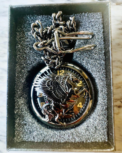 Ρολόι Τσέπης "Equus Tempus" - Μαύρο με Μοτίβο Αλόγου, δυνατότητα εξατομίκευσης με χάραξη - μαύρο καντράν