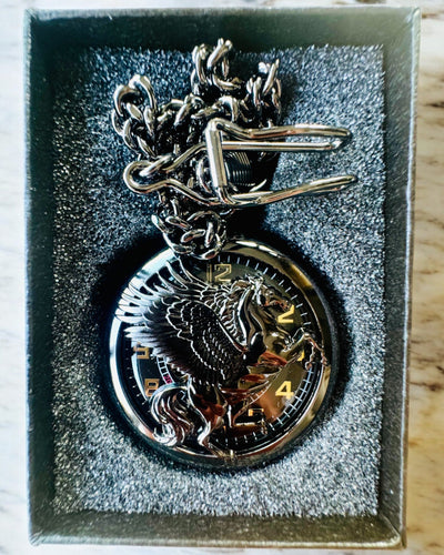 Ρολόι Τσέπης "Equus Tempus" - Μαύρο με Μοτίβο Αλόγου, δυνατότητα εξατομίκευσης με χάραξη - μαύρο καντράν