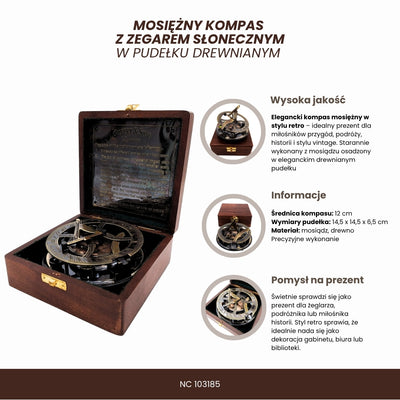 Mosiężny Kompas Zegar Słoneczny w Drewnianym Pudełku z Możliwością Grawerowania