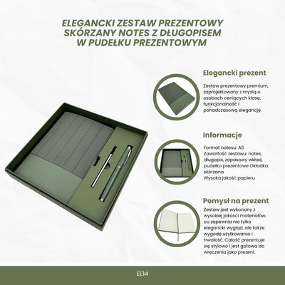 Elegancki Zestaw Prezentowy - Skórzany Notes A5 z Długopisem w Pudełku Prezentowym - Oliwkowa Zieleń - EE14
