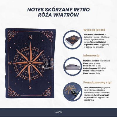 Notes Skórzany Róża Wiatrów Retro – Prezent dla żeglarza - AH09
