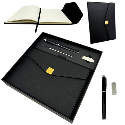 Elegancki Zestaw Prezentowy Premium – Notes A5 z Długopisem i Pendrive 16GB w Pudełku – Czarno-złoty – EE9