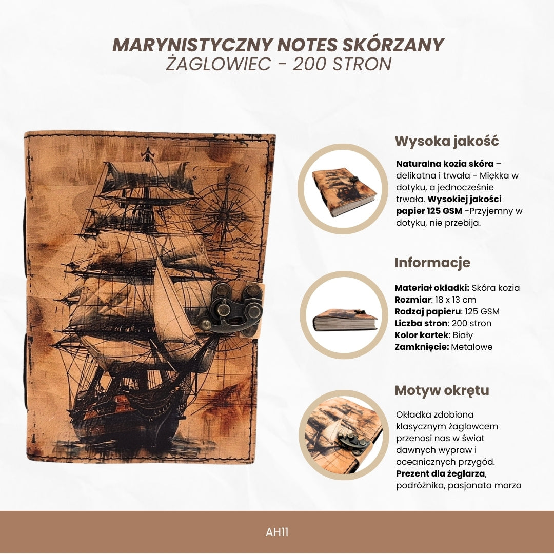 Notes Skórzany Marynistyczny Żaglowiec Retro - Prezent dla Żeglarza – AH11