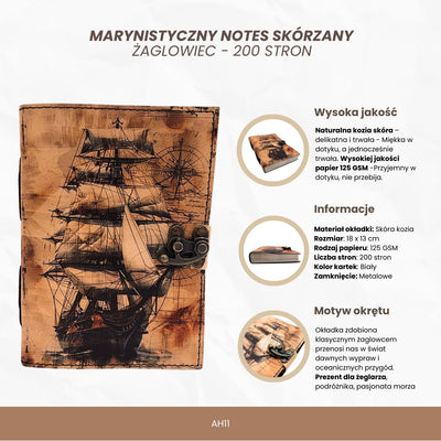 Notes Skórzany Marynistyczny Żaglowiec Retro - Prezent dla Żeglarza – AH11