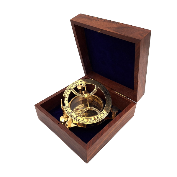 Ορείχαλκος Πυξίδα Dollond σε Ξύλινο Κουτί με Λειτουργία Ηλιακού Ρολογιού - Ιδανικό για Δώρο με Δυνατότητα Χάραξης - Αντικέ Στυλ, Διαστάσεις 7,5 x 7,5 x 3 cm