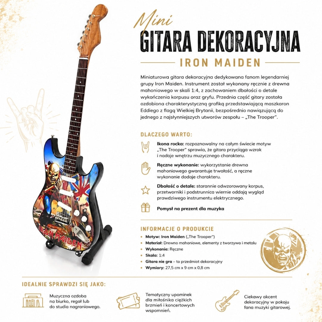 Μίνι διακοσμητική κιθάρα Iron Maiden «The Trooper» από μαόνι - Χειροποίητο διακοσμητικό για φίλους της μουσικής