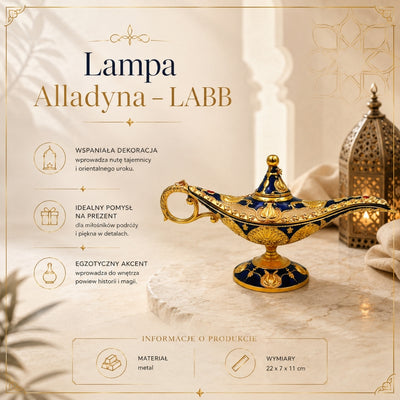 Lampa Alladyna LABB z metalowymi zdobieniami w złotym kolorze, ciemny granat, 22 x 7 x 11 cm