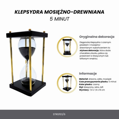 Klepsydra Mosiężno-Drewniana 5 minut – Czarny Piasek – Elegancka Dekoracja Retro - STRS