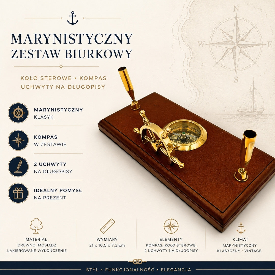 Marynistyczny Zestaw Biurkowy – Koło Sterowe, Kompas, Uchwyty na Długopisy – TT019
