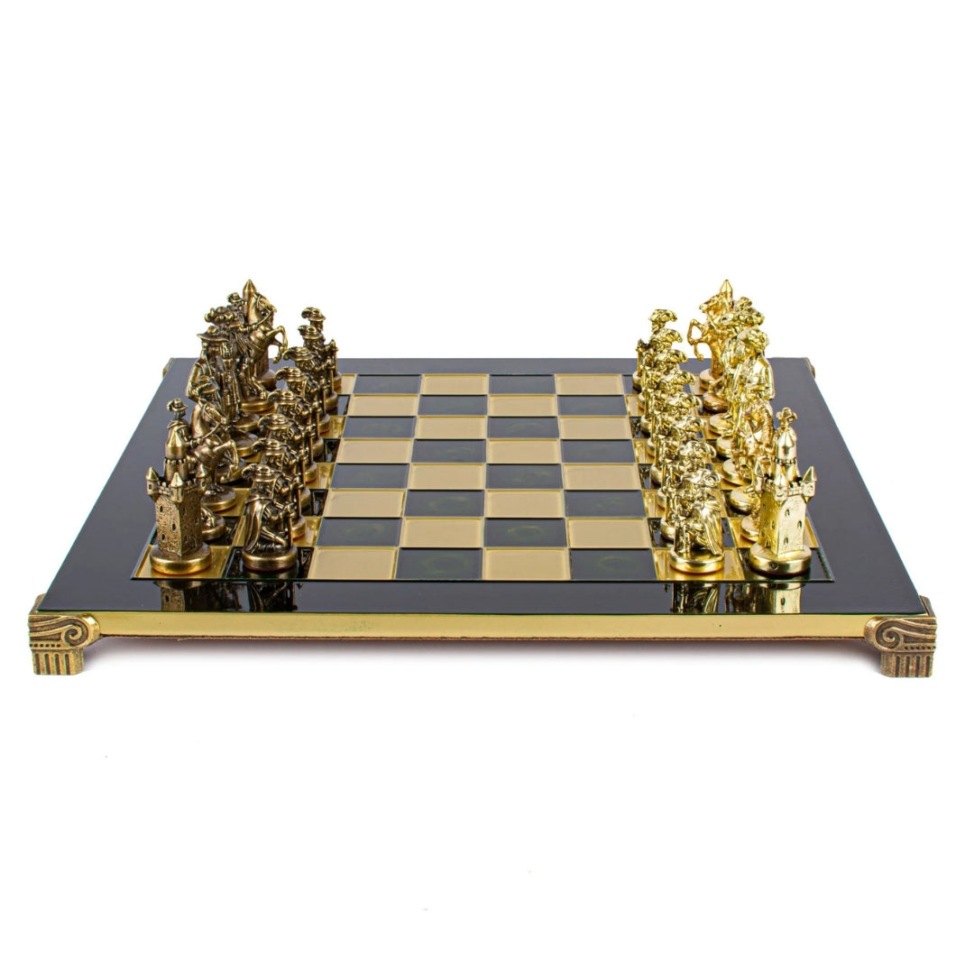 Ekskluzywne Szachy Metalowe – Mosiężna Szachownica 44 x 44cm – Średniowiecze – S12CBLU