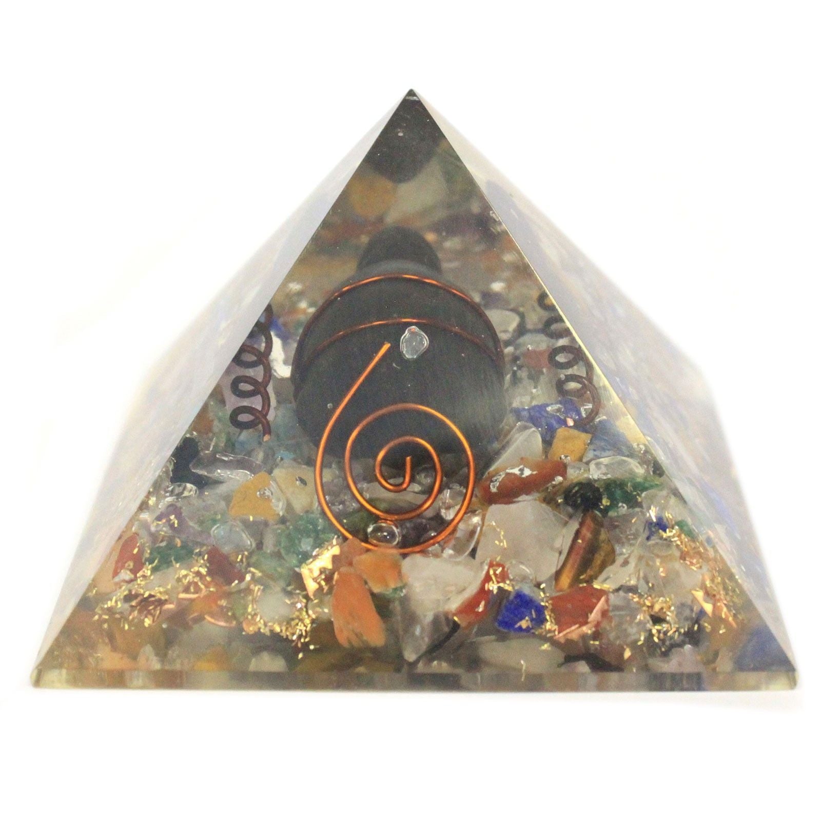 Med Orgonite Pyramid 60mm z chipsami szlachetnymi, miedzią i żółwiem