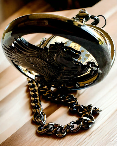 Ρολόι Τσέπης "Equus Tempus" - Μαύρο με Σχέδιο Αλόγου, δυνατότητα εξατομίκευσης με χάραξη - λευκός δίσκος