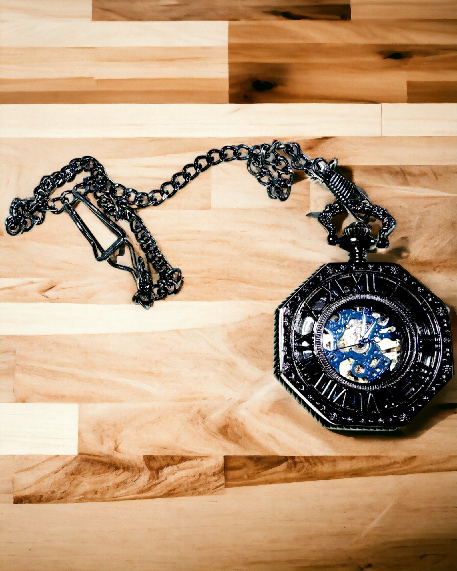 Κλασικό Οκταγωνικό Μηχανικό Ρολόι Τσέπης Steampunk σε Μαύρο Χρώμα, Χαραγμένο