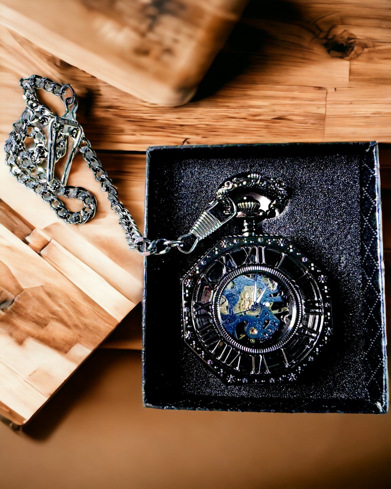Κλασικό Οκταγωνικό Μηχανικό Ρολόι Τσέπης Steampunk σε Μαύρο Χρώμα, Χαραγμένο