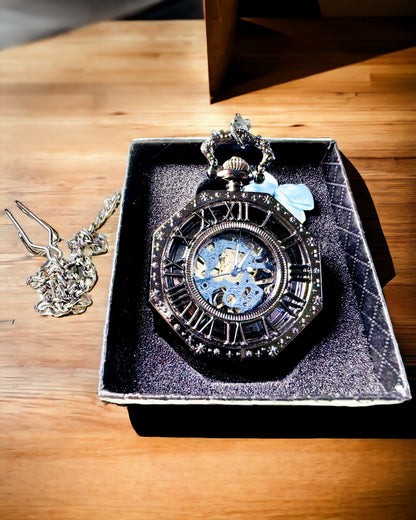 Κλασικό Οκταγωνικό Μηχανικό Ρολόι Τσέπης Steampunk σε Μαύρο Χρώμα, Χαραγμένο