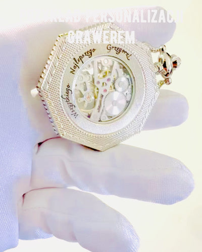 Κλασικό σε ασημί χρώμα Οκτάγωνο Μηχανικό Ρολόι Τσέπης με Διάτρητο Καντράν σε Στυλ Steampunk